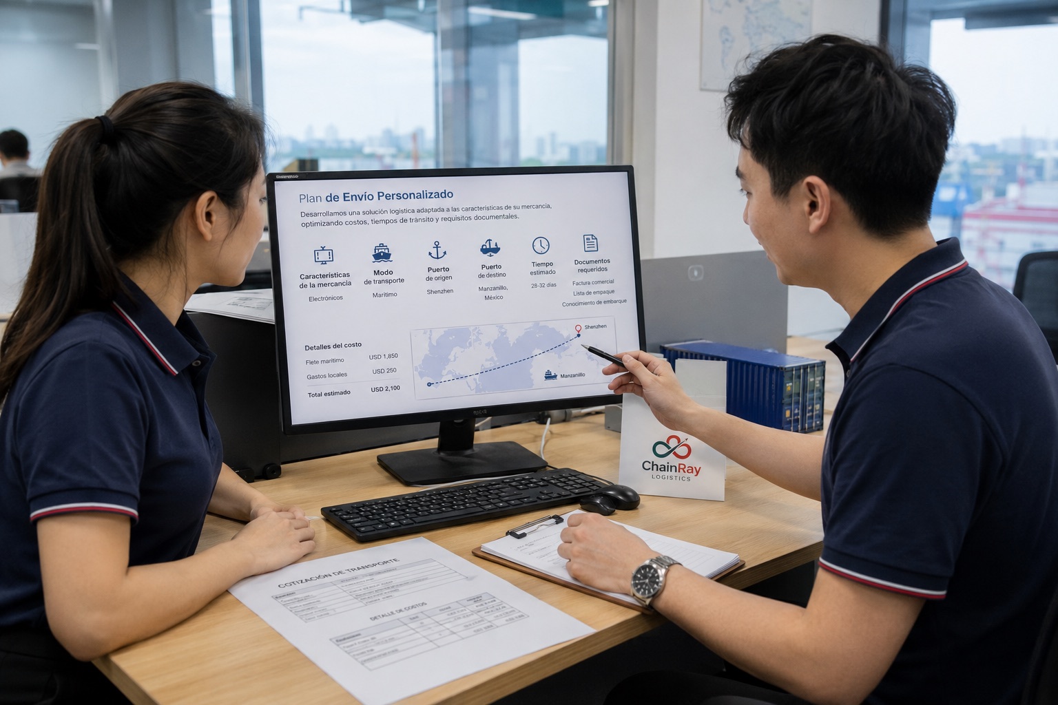 Equipo ChainRay preparando un plan de transporte